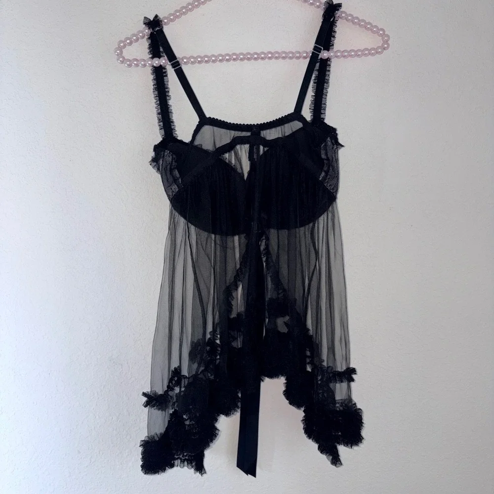 Victoria's Secret Babydoll Lingerie 34D Black Excellent Mesh Lace Ruffle Trim